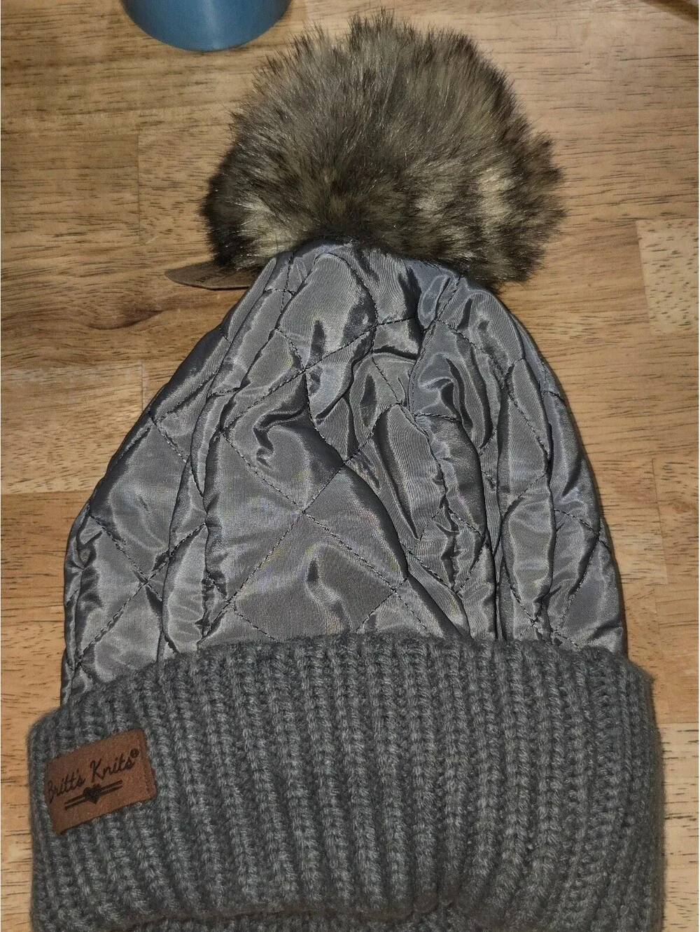 Britt's Knits Quilted Grey Beanie Hat with Faux Fur Pom Pom
